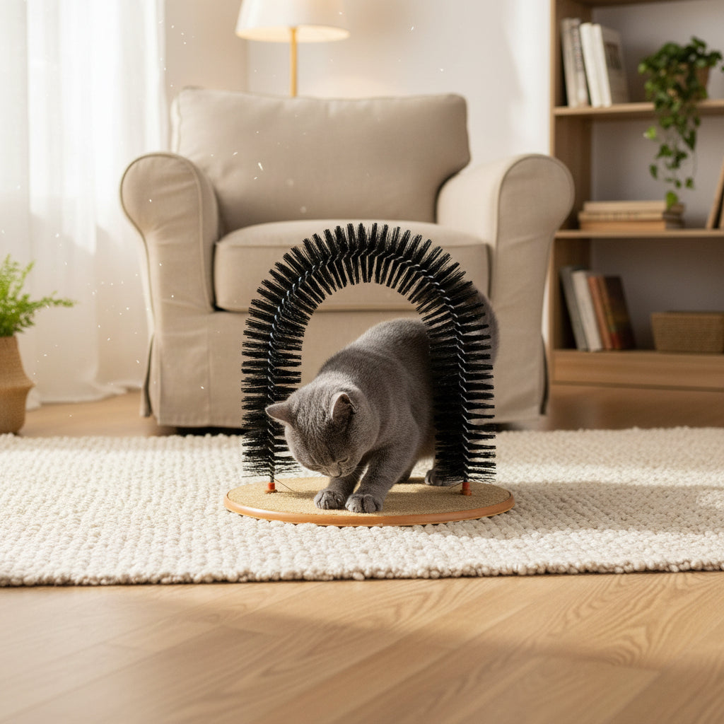 Gray cat grooming on tan base under black bristle arch