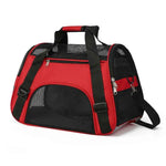 Foldable pet carrier bag, red/black, breathable mesh front with zip opening