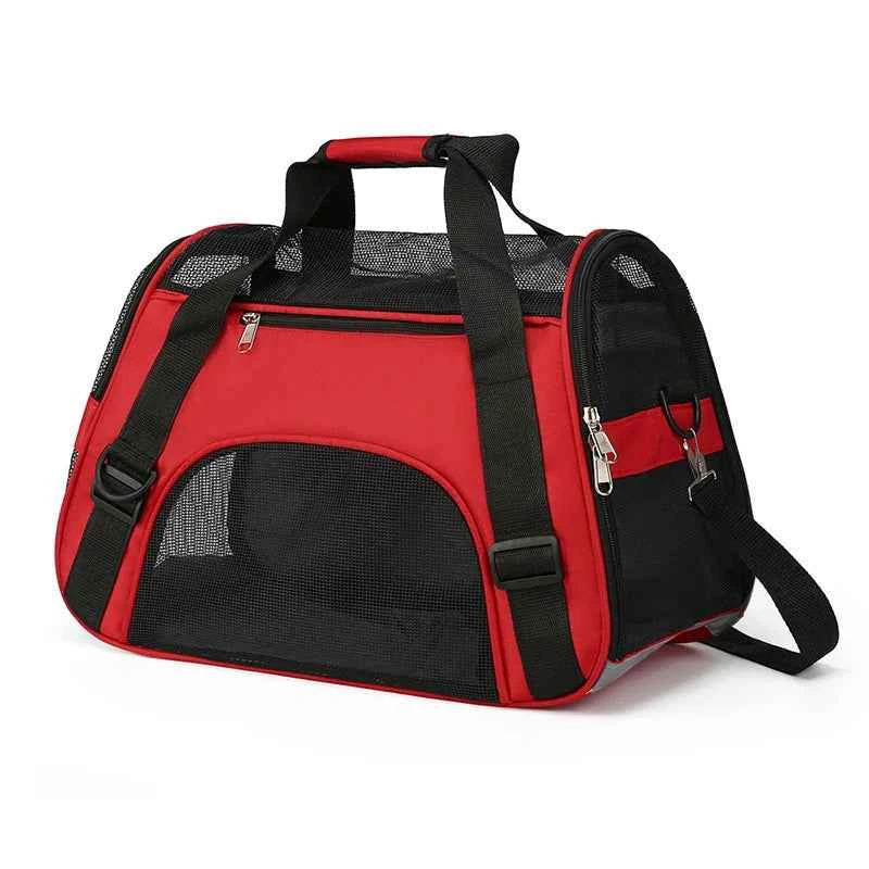Foldable pet carrier bag, red/black, breathable mesh front with zip opening