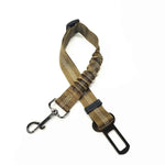 Pet car seat belt harness in khaki fabric with metal hook and adjustable clip