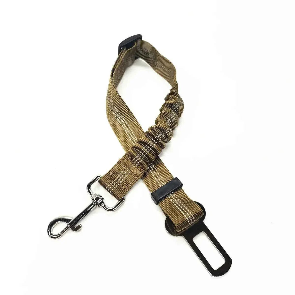Pet car seat belt harness in khaki fabric with metal hook and adjustable clip