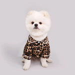 Leopard-print pet pajama set with button front and matching shorts, animal spots