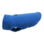 Blue fleece pet jacket with D-ring leash ring and side opening