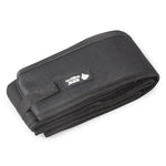 Folded portable pet litter box with dark fabric cover and carrying strap