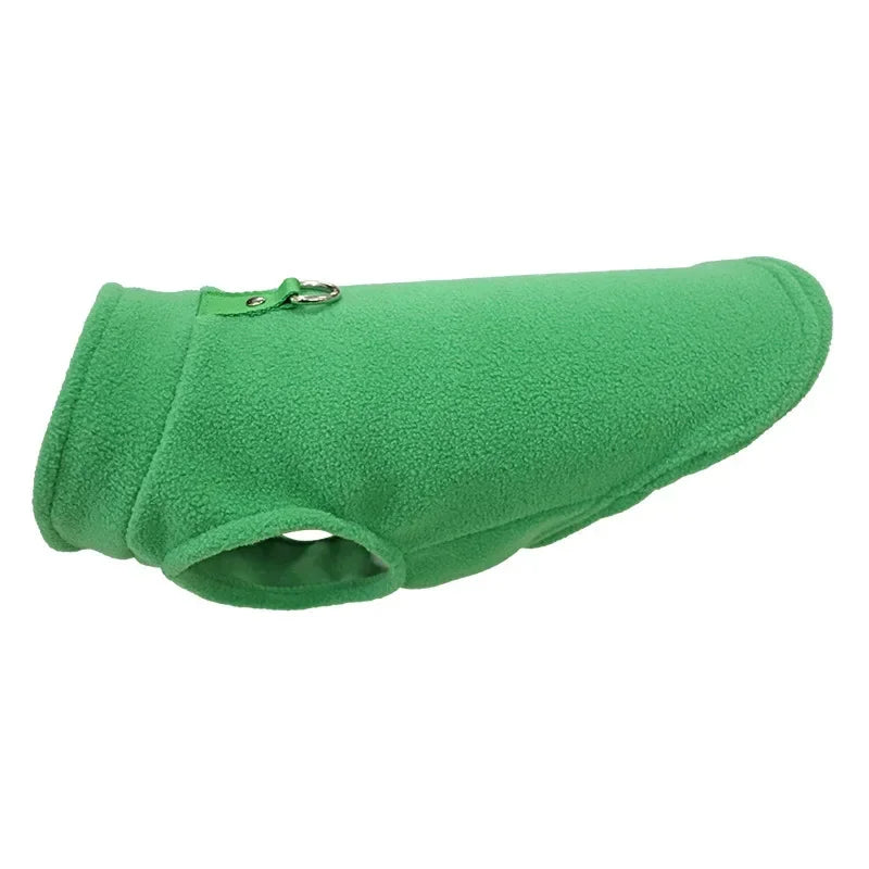 Green fleece pet jacket with D-ring leash ring and side opening