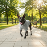 Light grey dog hoodie on a walking dog, with hood and drawstring