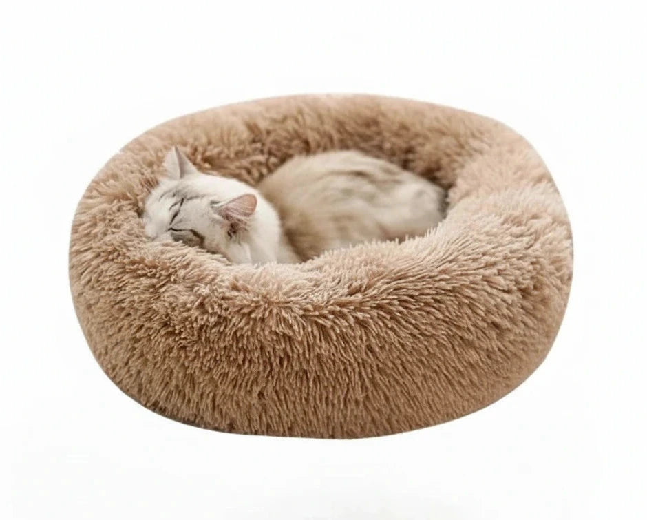 Plush round donut pet bed, tan shag cushion with sleeping cat