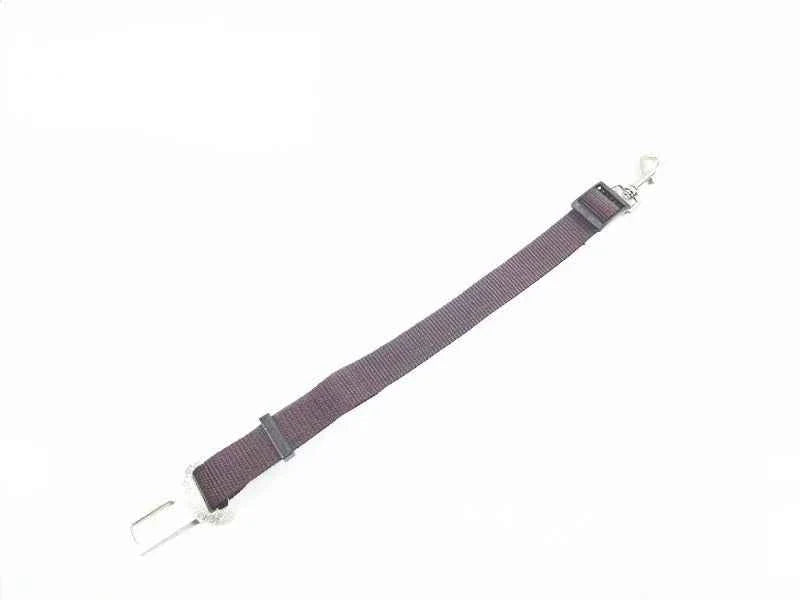 Gray pet car safety belt harness strap with metal buckle and clip.