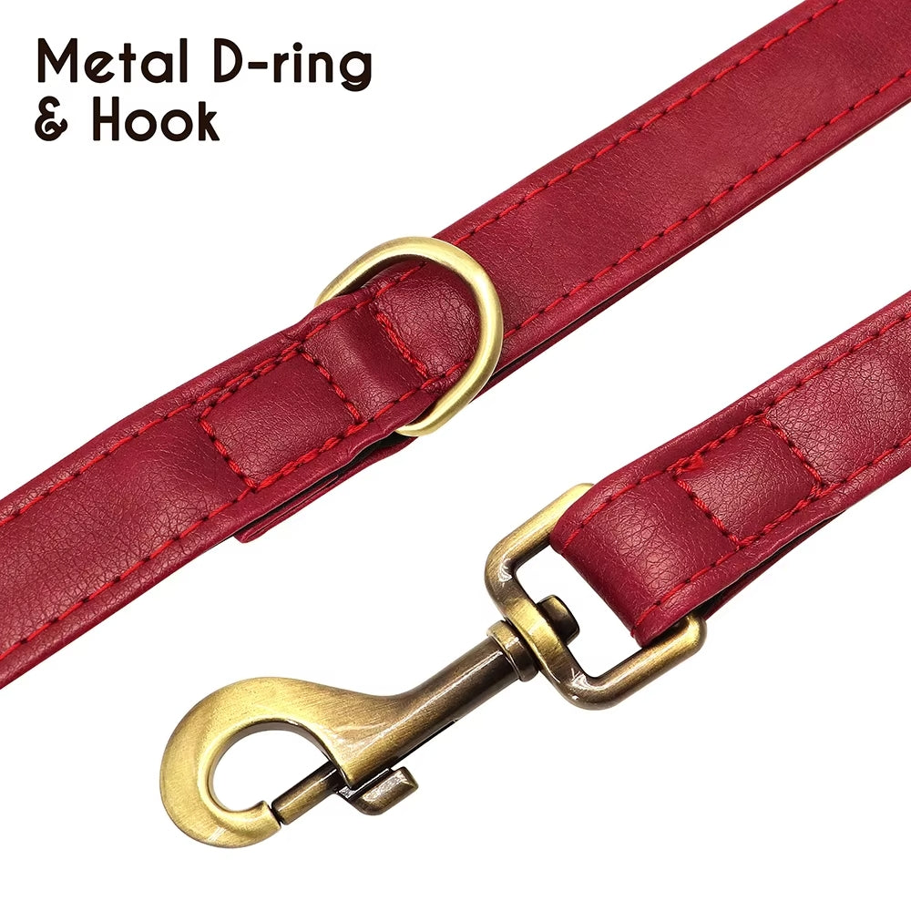 Red dog collar with gold-tone D-ring, hook, and engraved ID name plate