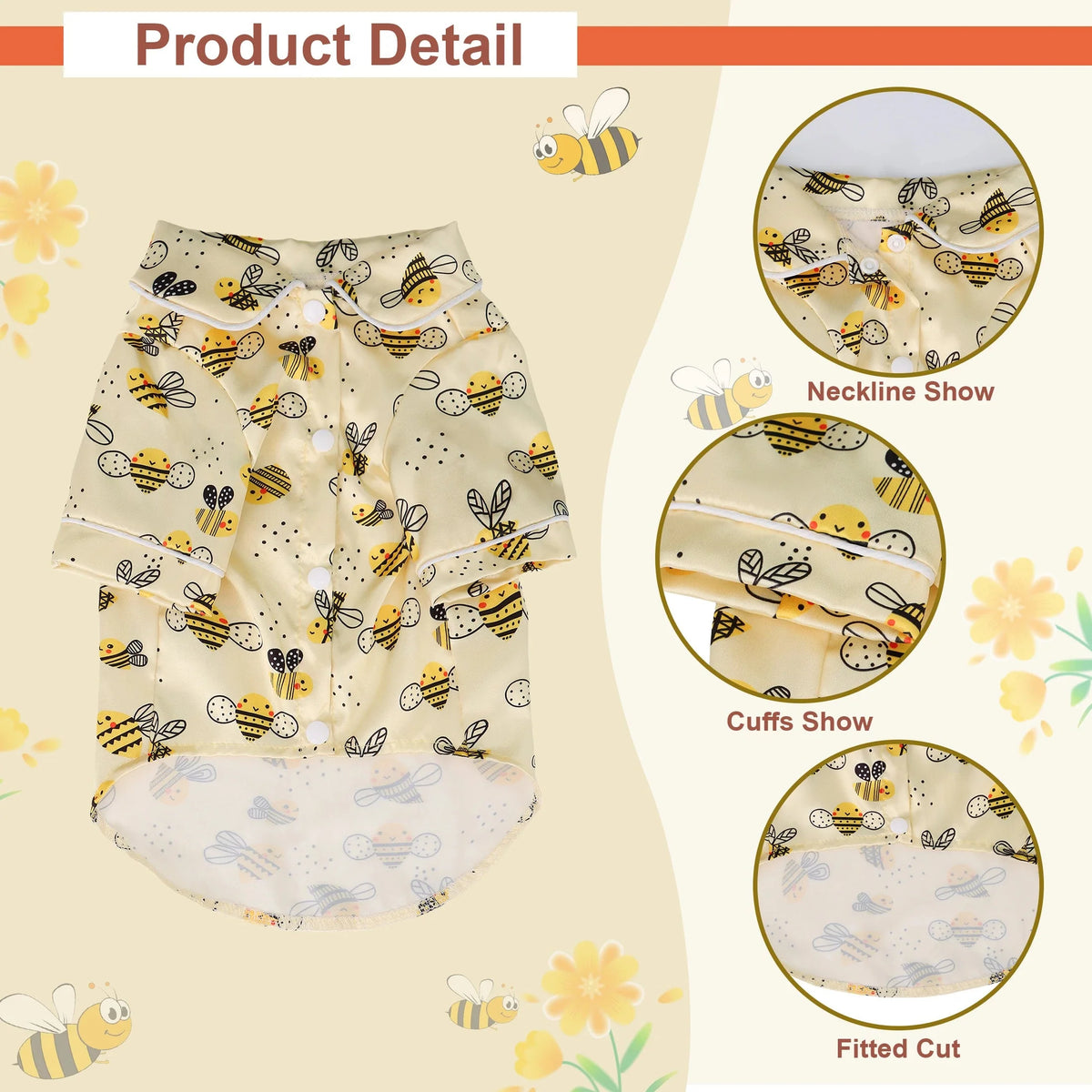 Bee-print pet pajama set with button front and matching shorts, elastic cuffs