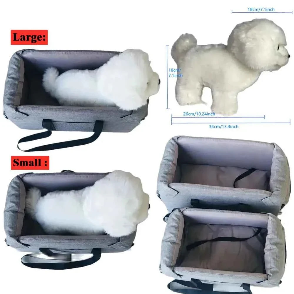 Large and small pet seat bed sizes shown with black carry straps and cushioned base