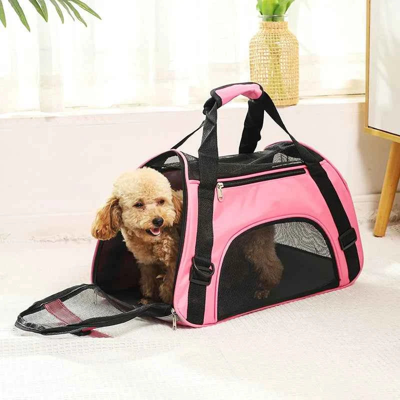 Pink portable cat & dog carrier bag with mesh side panel and carry handle