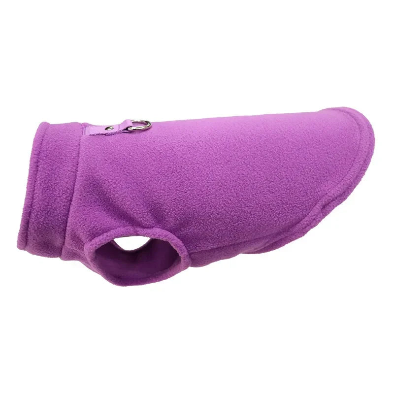 Purple fleece dog jacket vest with D-ring, open chest and arched cutout neck