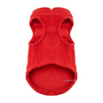 Red fleece pet jacket with D-ring leash ring and open leg cutout