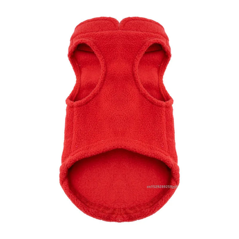 Red fleece pet jacket with D-ring leash ring and open leg cutout
