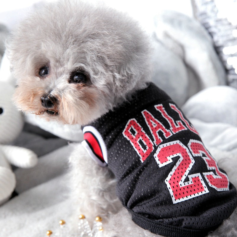 Black basketball pet jersey with red “BALLS 24” number print and striped collar