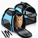 Blue & black foldable pet carrier with mesh front window and zip closure
