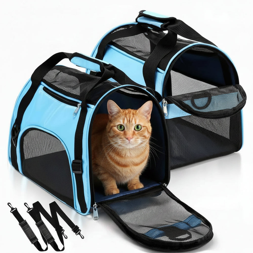 Blue & black foldable pet carrier with mesh front window and zip closure