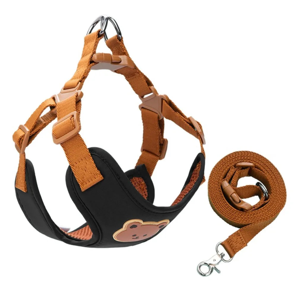 No-pull dog harness and leash set, black padded chest with brown straps and leash