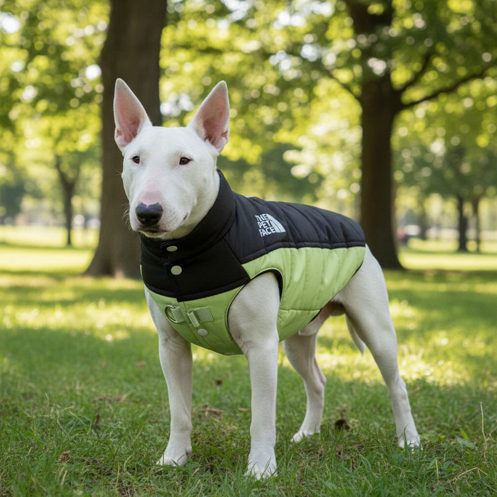 Cozy cotton pet jacket on dog, black with light green panel and front snap closure