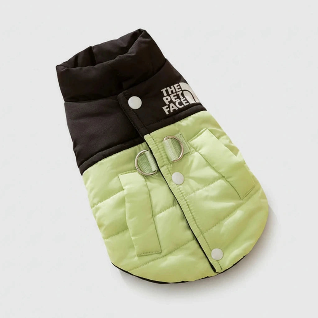 Black and lime green pet jacket with THE PET FACE patch, front zipper and leash rings