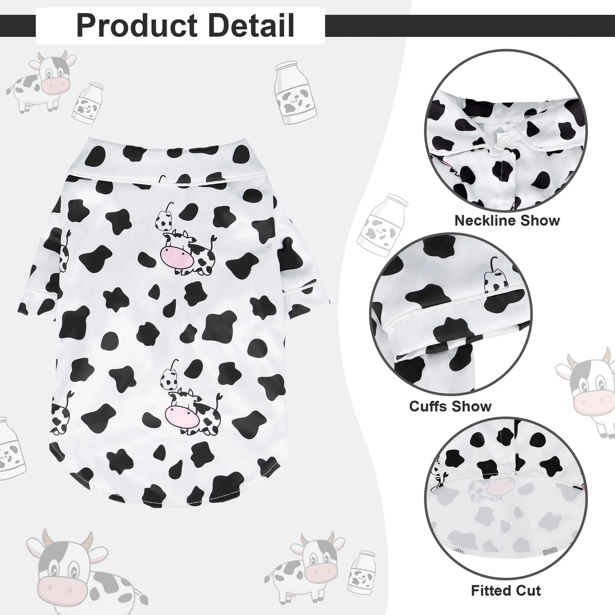 Cow-print pet pajama set with button front and matching shorts, spot pattern