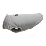 Grey fleece pet jacket with D-ring leash ring and arched back opening