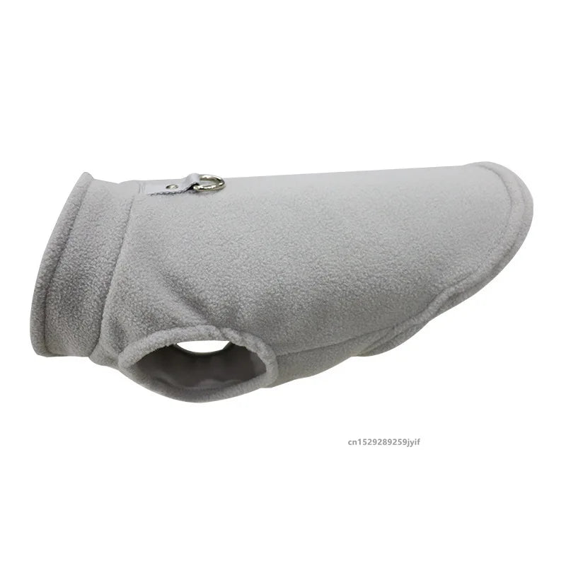 Grey fleece pet jacket with D-ring leash ring and arched back opening