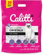 Calitti non-clumping lavender cat litter crystals, 8 lb bag with cat paw icons