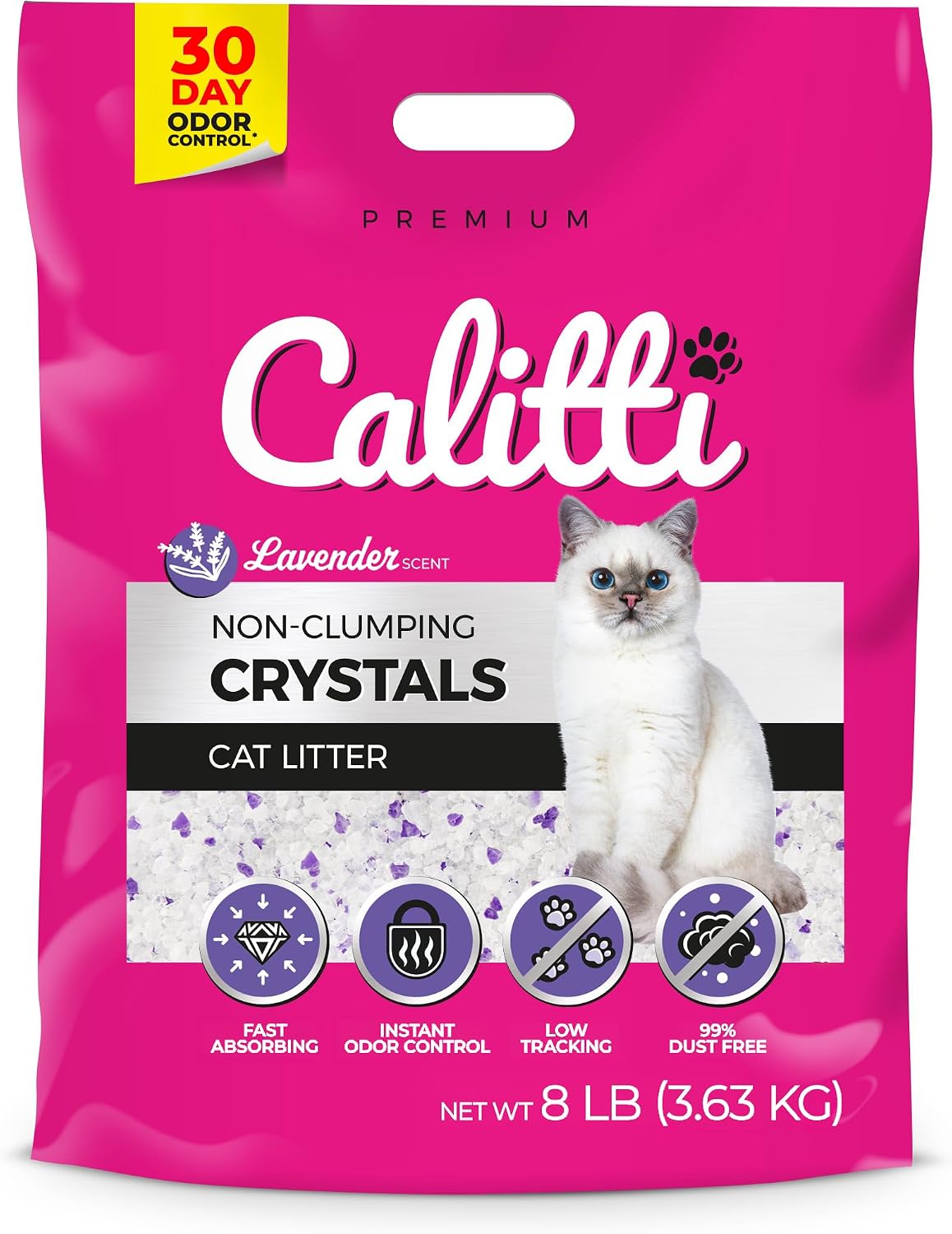 Calitti non-clumping lavender cat litter crystals, 8 lb bag with cat paw icons