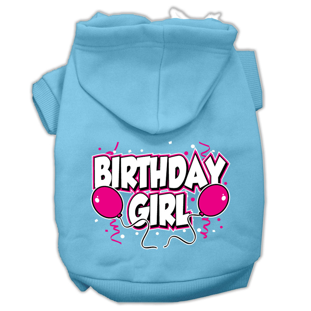 Light blue pet hoodie with hood and “Birthday Girl” printed graphic