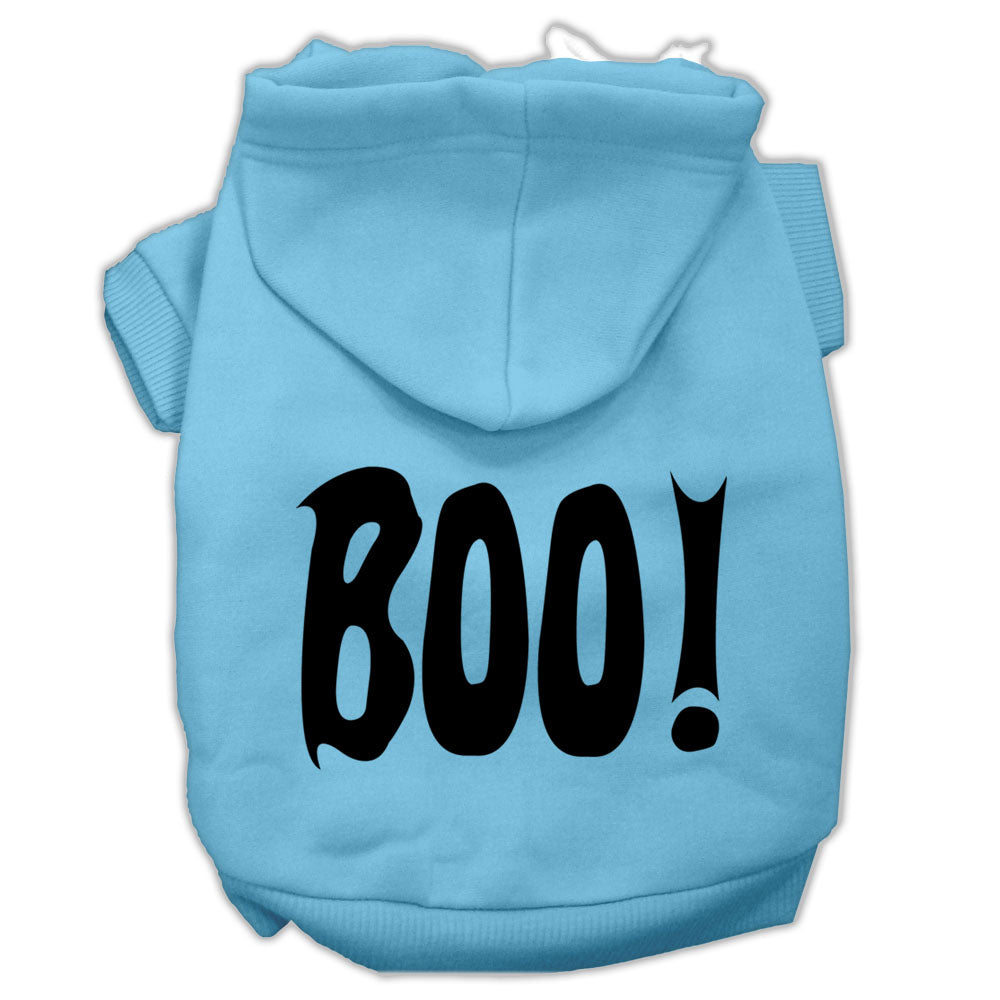 Baby blue pet hoodie with black 'BOO!' screen print, front pocket, and hood.