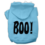 Baby blue pet hoodie with black 'BOO!' screen print, front pocket, and hood.