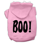 Light pink pet hoodie with black 'BOO!' screen print and front pocket