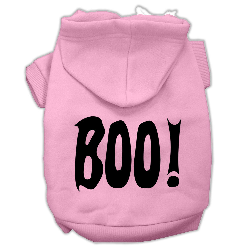 Light pink pet hoodie with black 'BOO!' screen print and front pocket