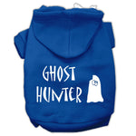 Pet Halloween hoodie with blue hood and 'Ghost Hunter' ghost graphic