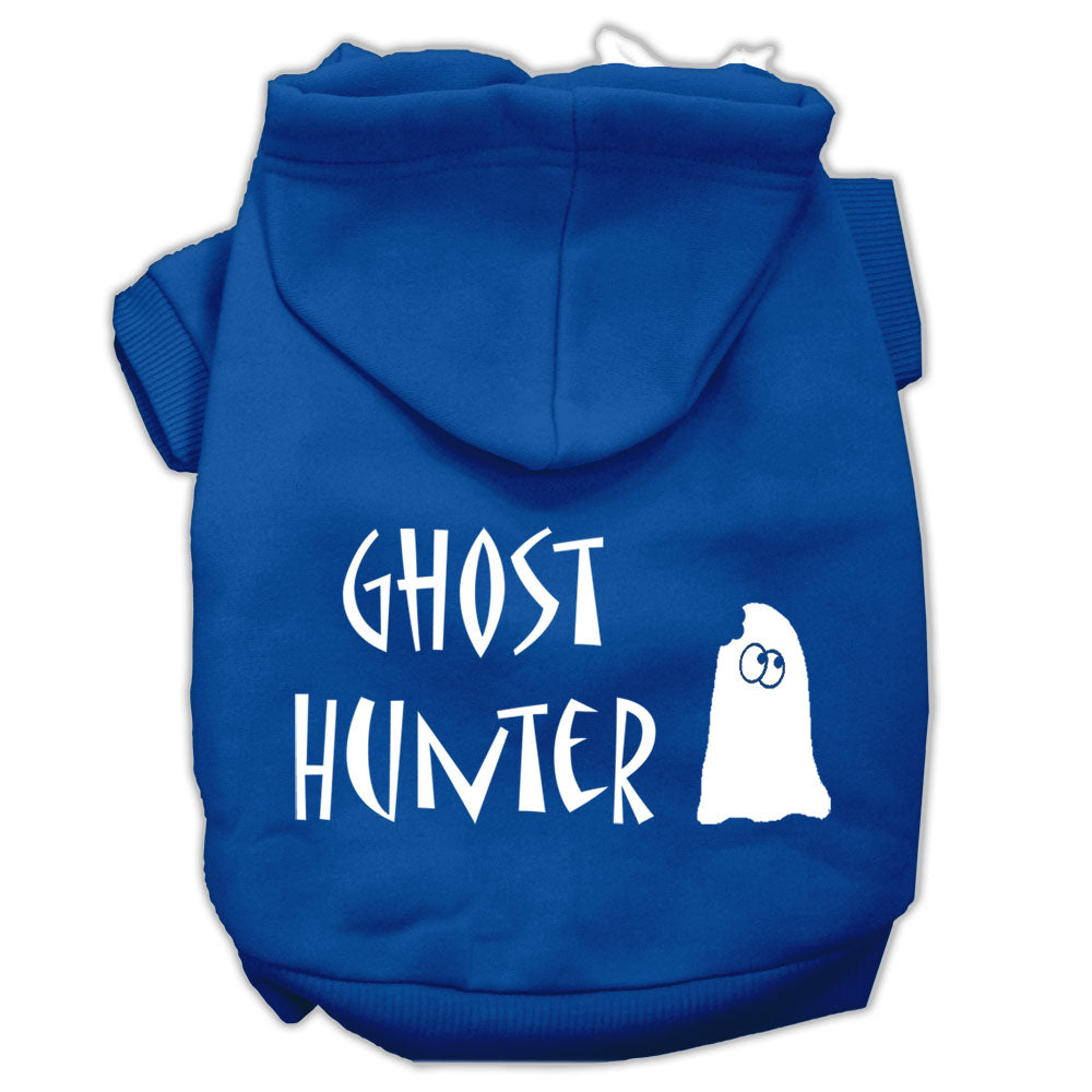 Pet Halloween hoodie with blue hood and 'Ghost Hunter' ghost graphic