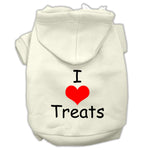 Cream pet hoodie with hood and red heart “I Love Treats” graphic
