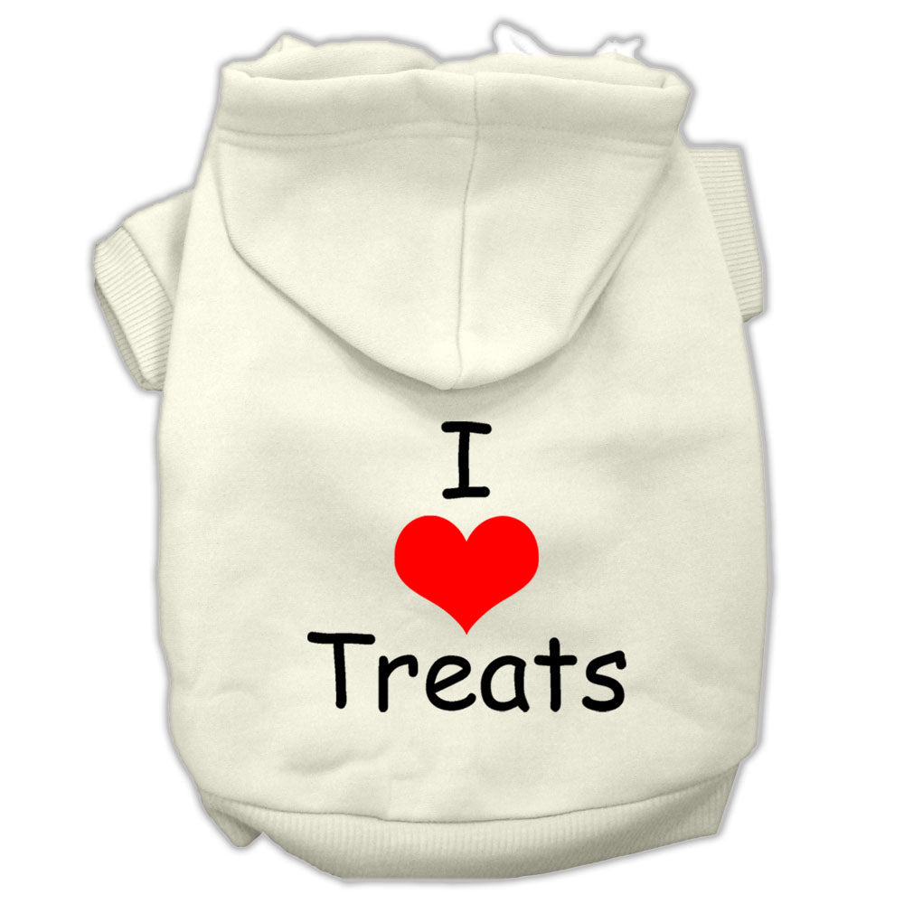 Cream pet hoodie with hood and red heart “I Love Treats” graphic