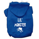 Blue pet hoodie with 'Lil' Monster' screen print and front hood