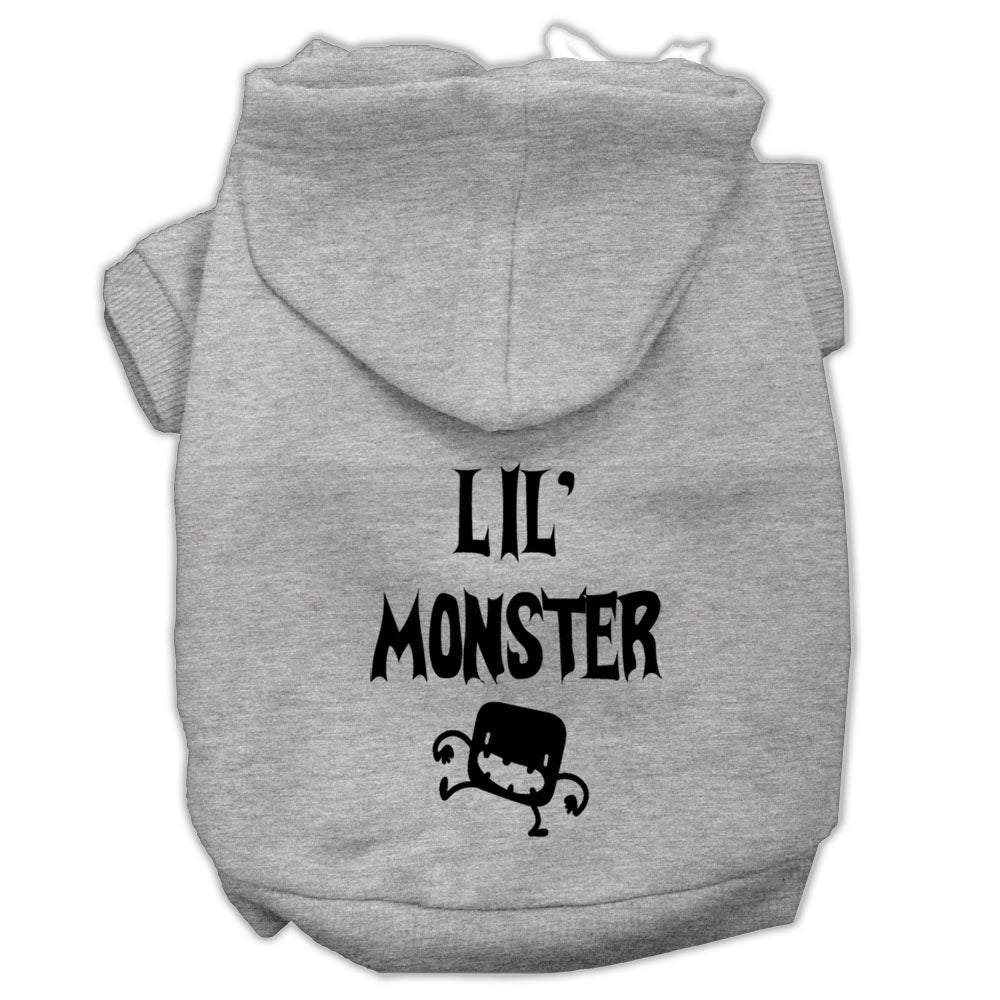 Gray pet hoodie with screen-printed "Lil' Monster" graphic