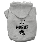 Gray pet hoodie with screen-printed "Lil' Monster" graphic