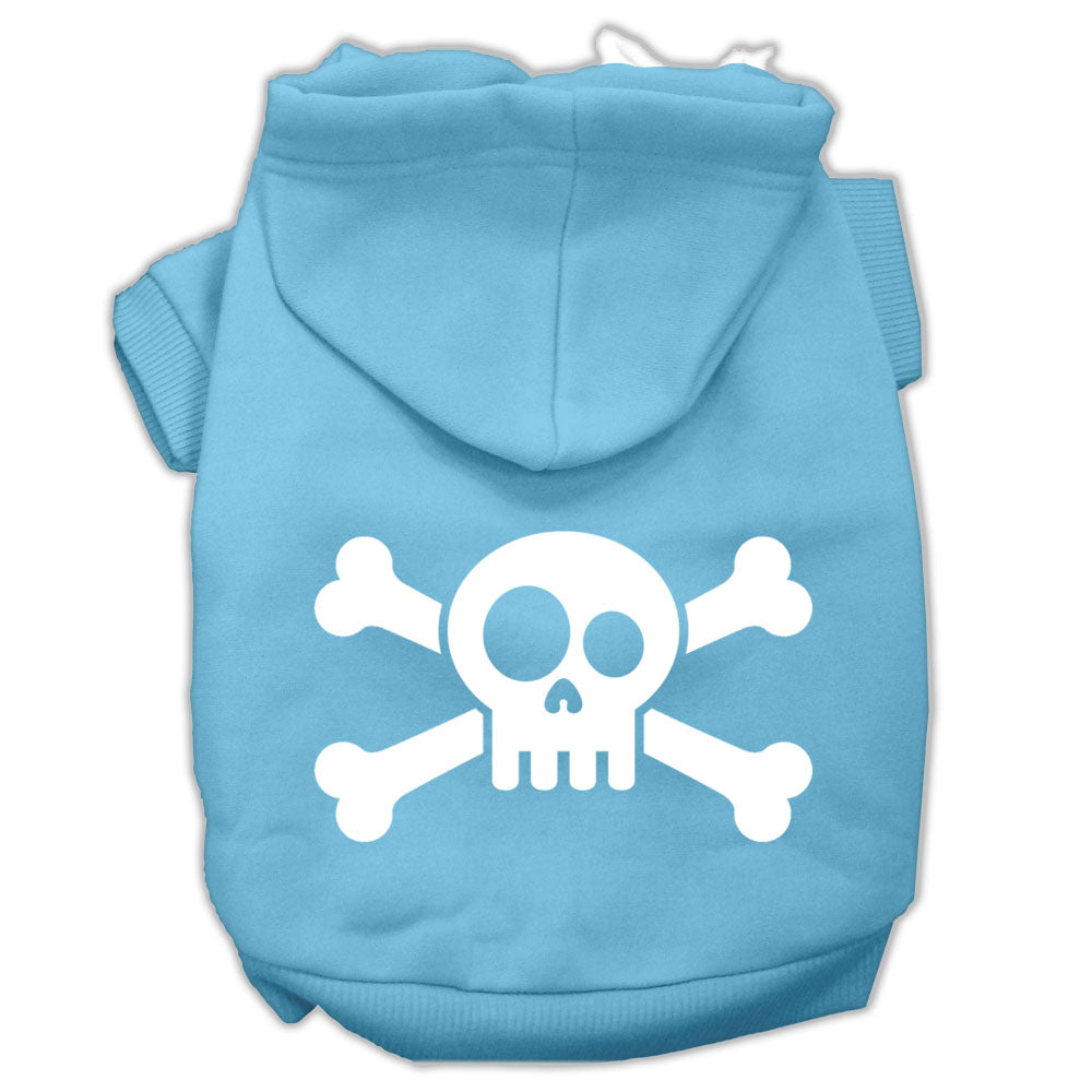 Light blue pet hoodie with white skull and crossbones graphic, front hood