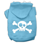 Light blue pet hoodie with white skull and crossbones graphic, front hood