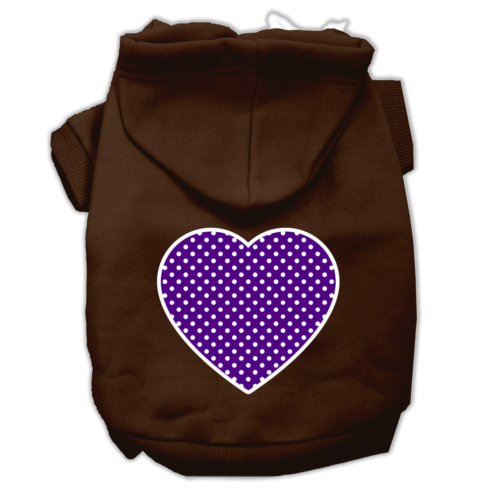 Brown pet hoodie with hood and front pocket, featuring a purple dotted heart graphic