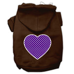 Brown pet hoodie with hood and front pocket, featuring a purple dotted heart graphic