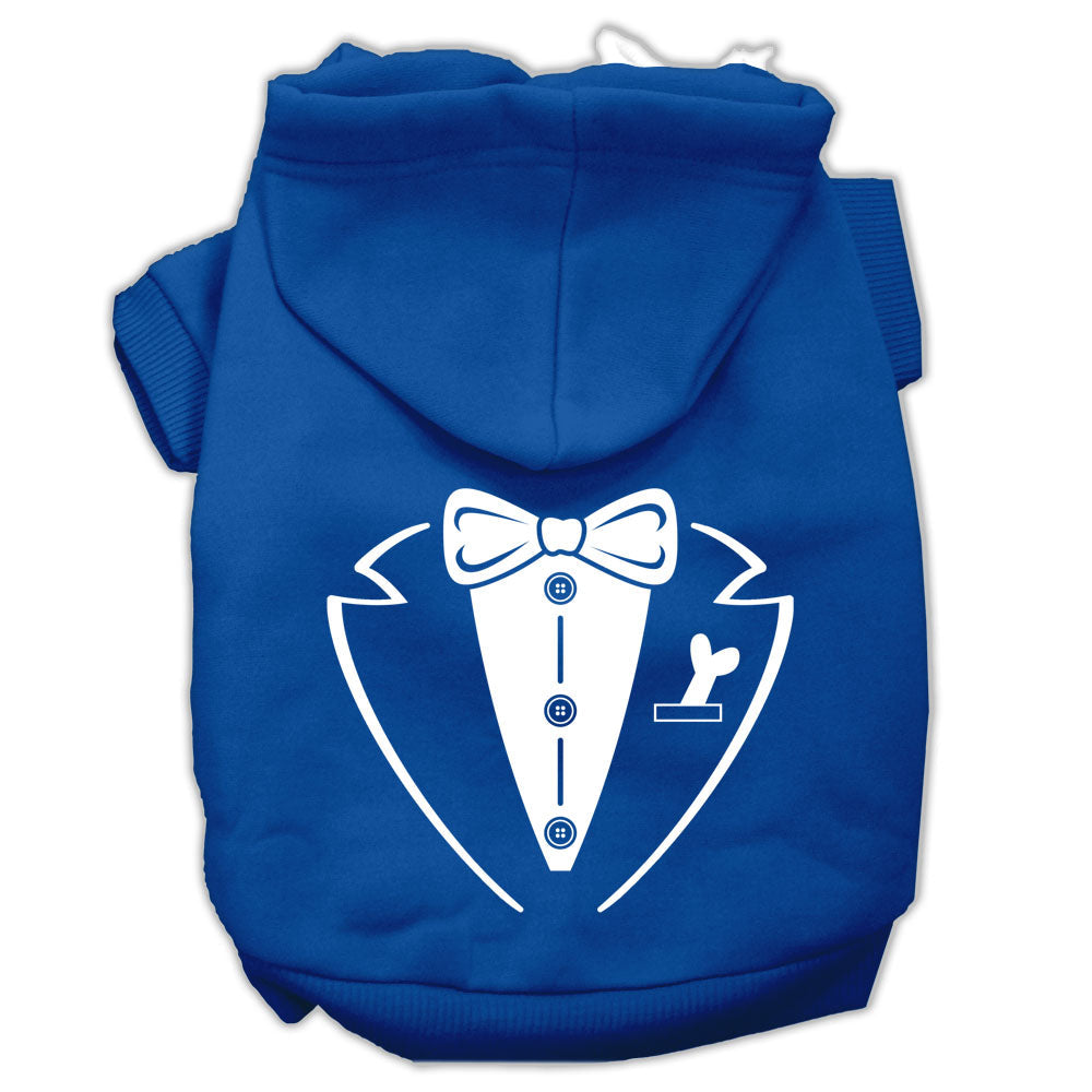 Blue pet hoodie with tuxedo bowtie graphic and hood