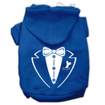 Blue pet hoodie with tuxedo bowtie graphic and hood