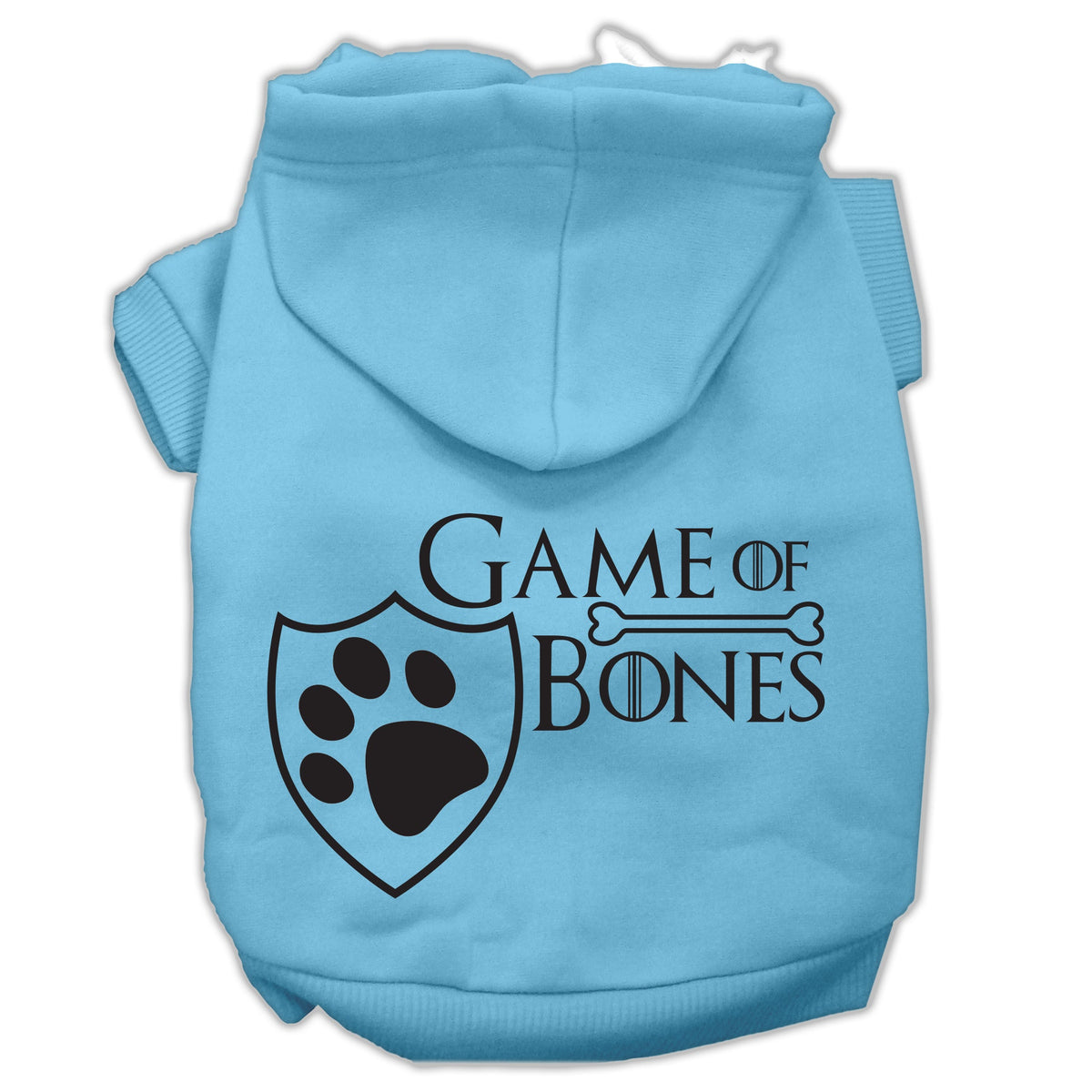 Light blue pet hoodie with front paw shield graphic and hood