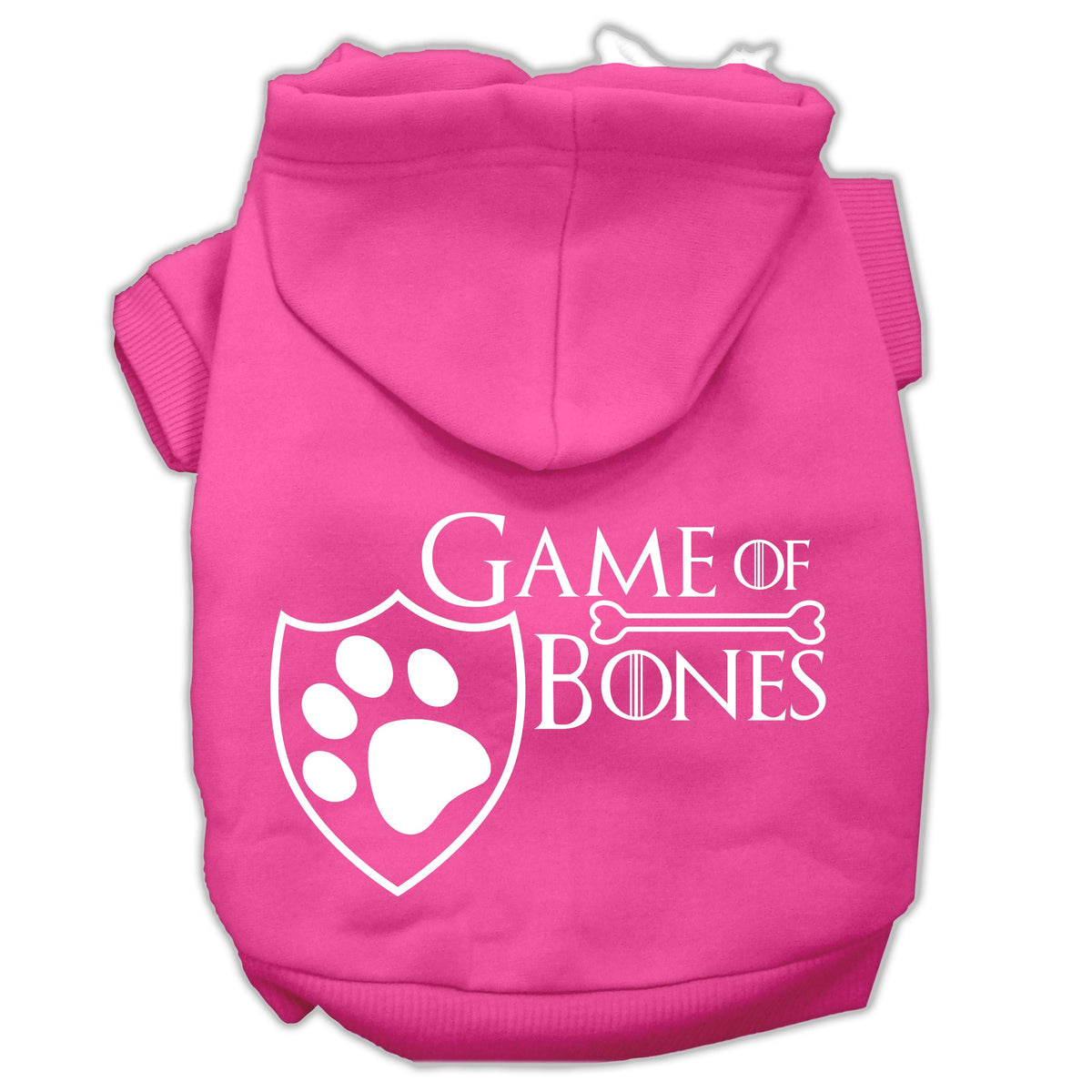 Bright pink pet hoodie with front paw shield graphic and hood